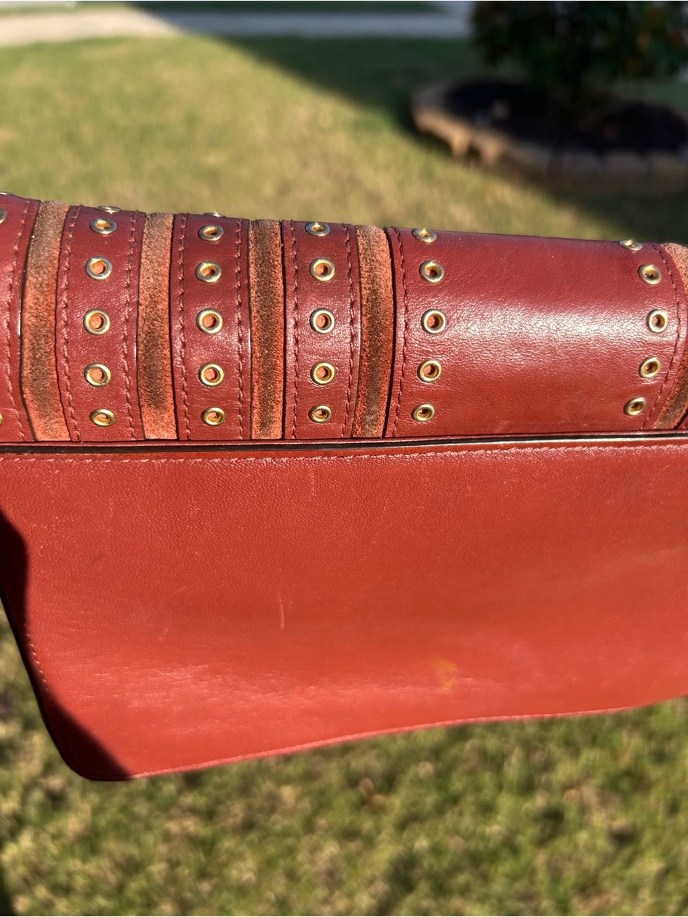 Vintage Michael  Kors Astor Rust/Burnt Orange Leather & Suede Grommet Chain - Picture 4 of 15